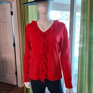 Elegant 100% Cashmere Red V-Neck Sweater with Ruffle Detail by Prive'.